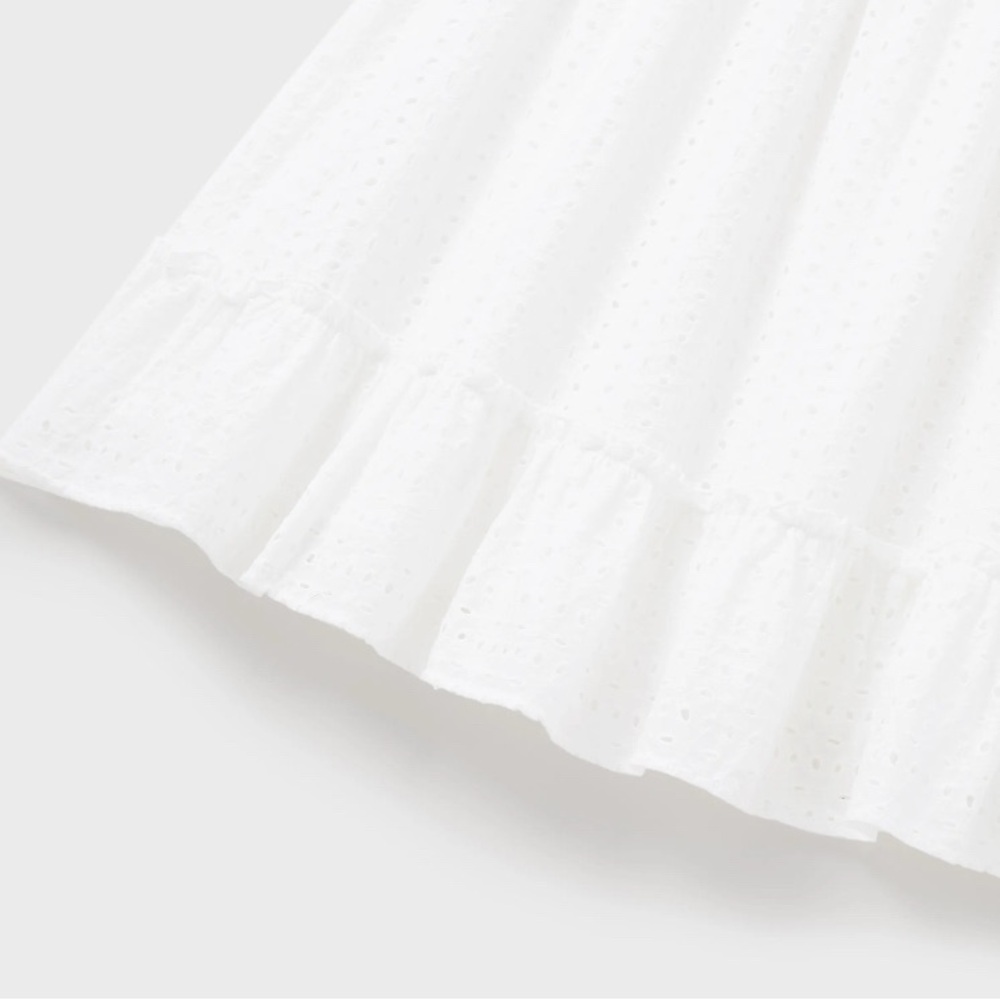A-Line White Flutter Short Sleeve Eyelet Lace Embroidery Cotton Midi Dress - Picture 11 of 15